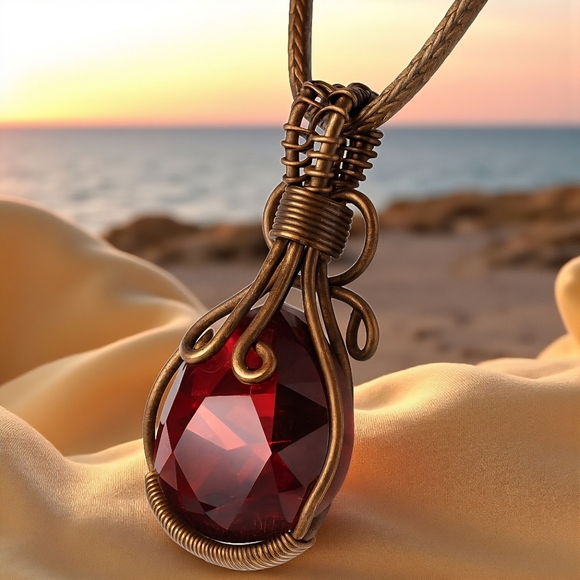 Boho Chic Genuine Garnet Copper Wire Wrapped Pendant Statement Necklace - Picture 8 of 13